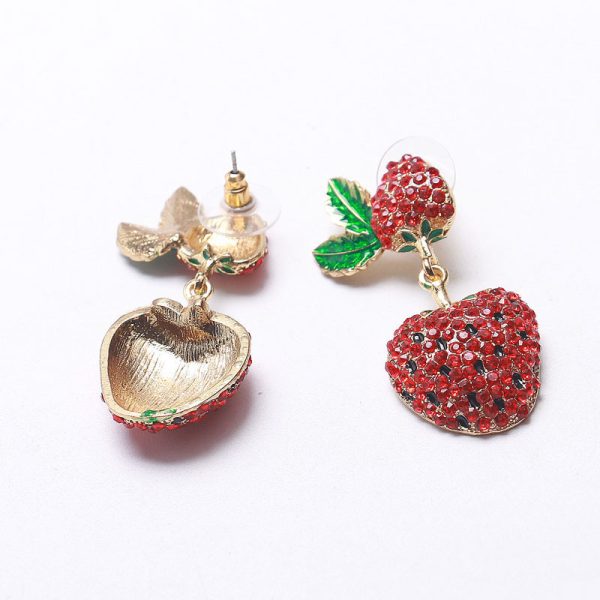 Fashionable Cute Fruit Stud Earrings Strawberry Shaped Red Crystal Gem Earrings