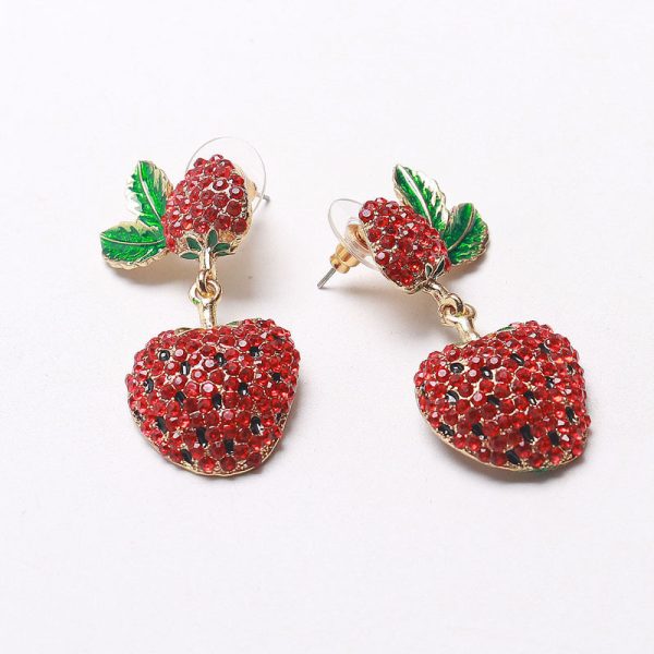 Fashionable Cute Fruit Stud Earrings Strawberry Shaped Red Crystal Gem Earrings
