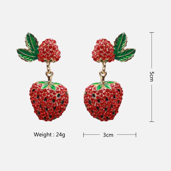Fashionable Cute Fruit Stud Earrings Strawberry Shaped Red Crystal Gem Earrings