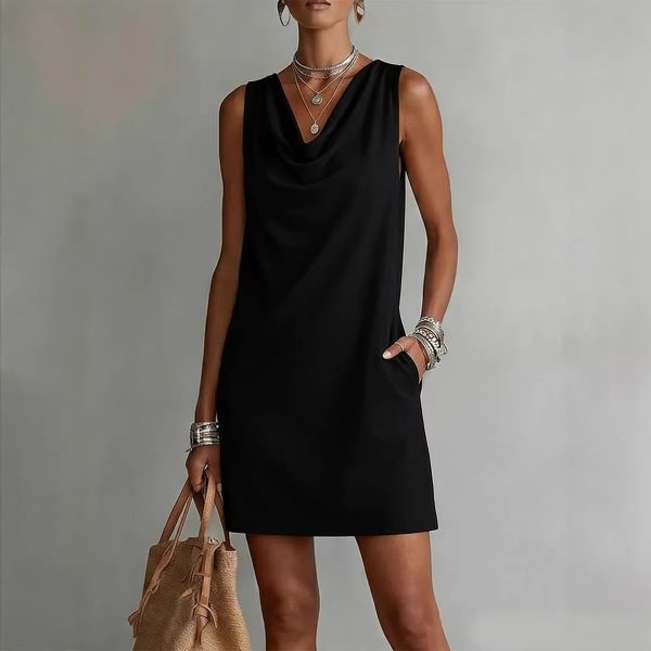 Sleeveless Draped Neck Slim Fit Mini Summer Dress