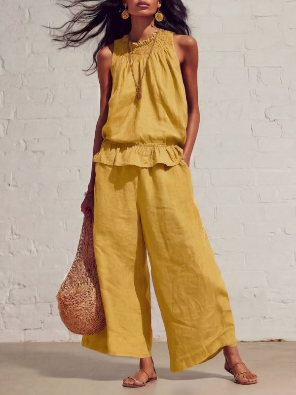 Sleeveless Ruffle Top & Wide-Leg Trousers Co-Ord Set