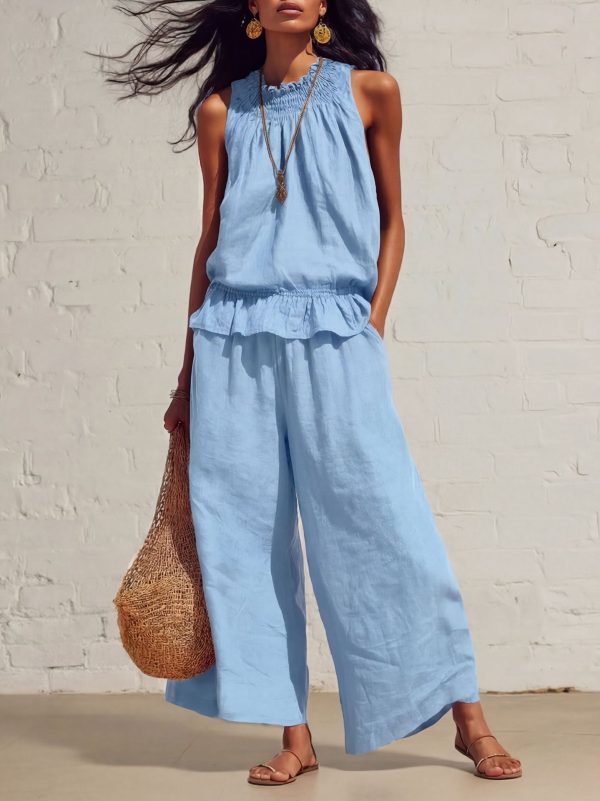 Sleeveless Ruffle Top & Wide-Leg Trousers Co-Ord Set
