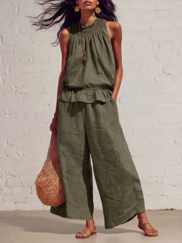 Sleeveless Ruffle Top & Wide-Leg Trousers Co-Ord Set