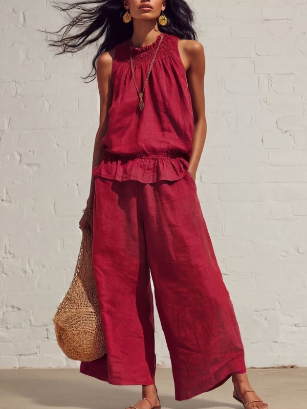 Sleeveless Ruffle Top & Wide-Leg Trousers Co-Ord Set