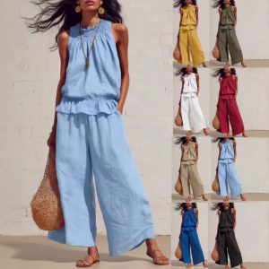 Sleeveless Ruffle Top & Wide-Leg Trousers Co-Ord Set