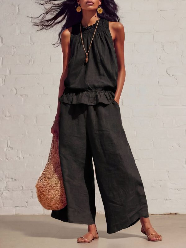 Sleeveless Ruffle Top & Wide-Leg Trousers Co-Ord Set
