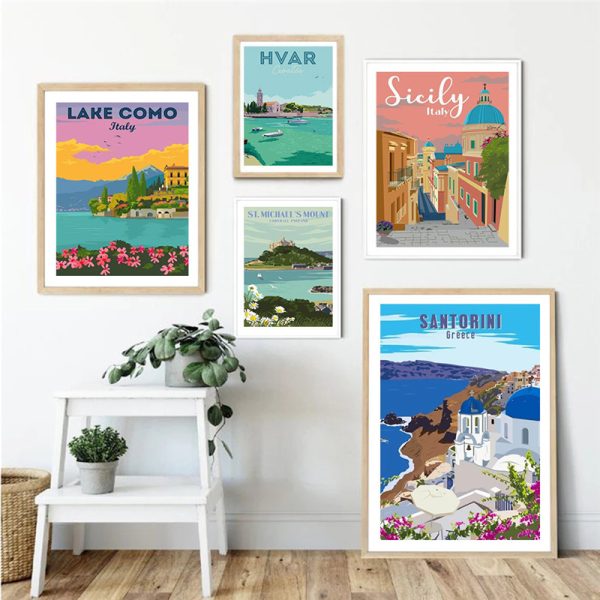 Spain Amalfi Coast Santorini French Riviera Italy Vintage Travel Canvas Painting