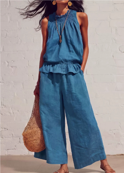 Sleeveless Ruffle Top & Wide-Leg Trousers Co-Ord Set