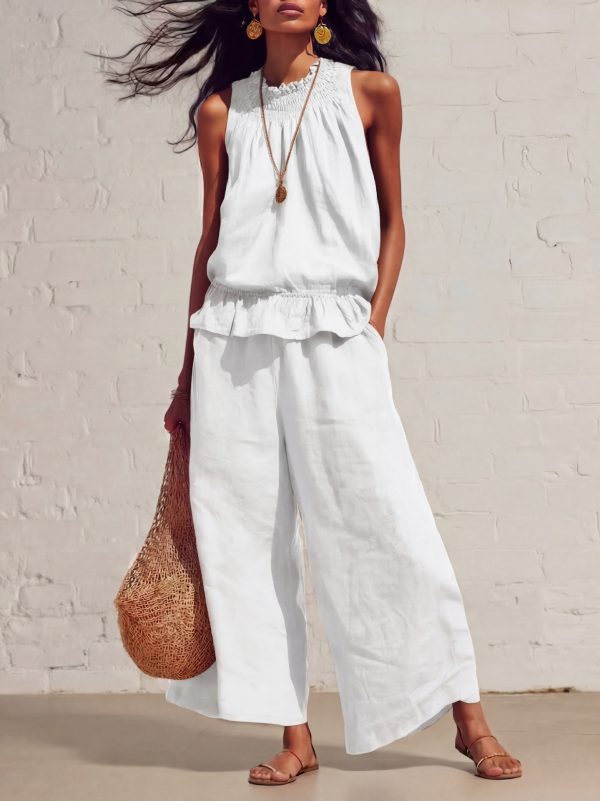 Sleeveless Ruffle Top & Wide-Leg Trousers Co-Ord Set
