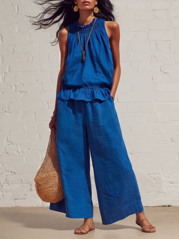 Sleeveless Ruffle Top & Wide-Leg Trousers Co-Ord Set