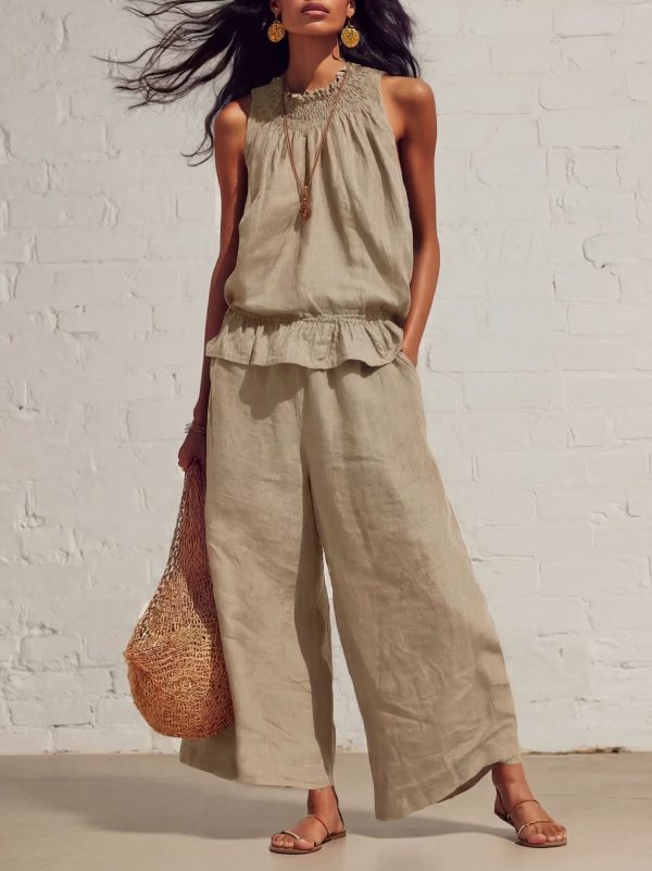 Sleeveless Ruffle Top & Wide-Leg Trousers Co-Ord Set