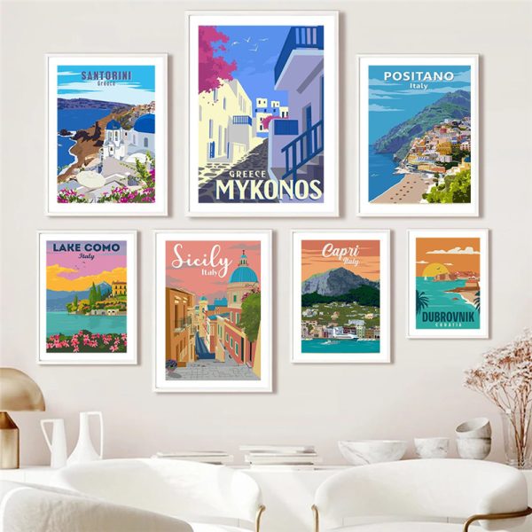 Spain Amalfi Coast Santorini French Riviera Italy Vintage Travel Canvas Painting