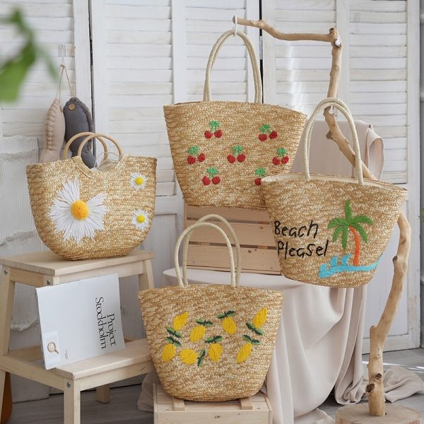Embroidered Straw Woven Beach Bag