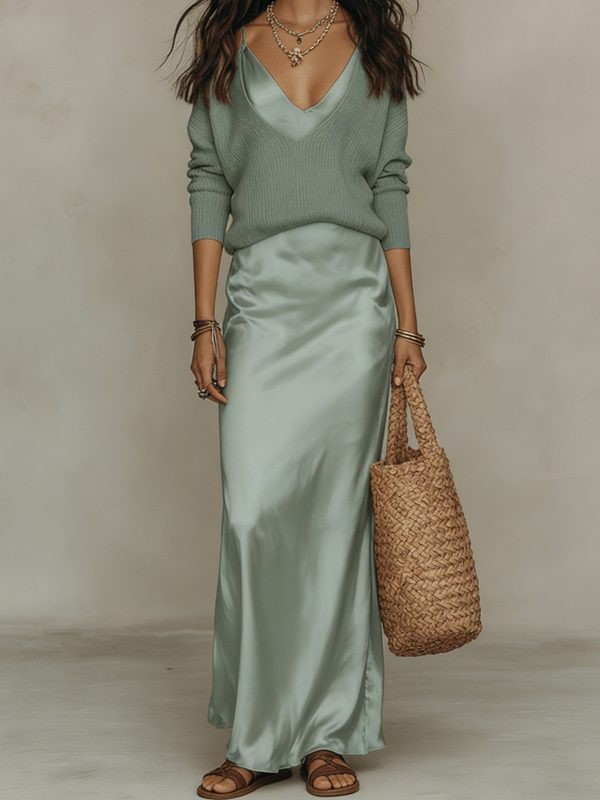 V-Neck Sweater & Satin Dress Set