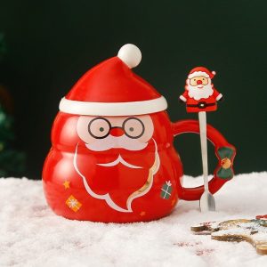 Christmas Ceramic Mug Set with Lid and Spoon – 500ml
