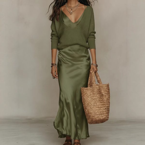 V-Neck Sweater & Satin Dress Set