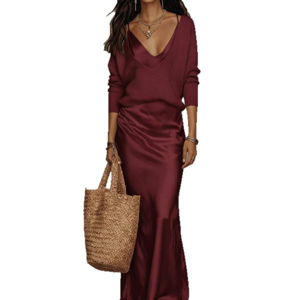 V-Neck Sweater & Satin Dress Set