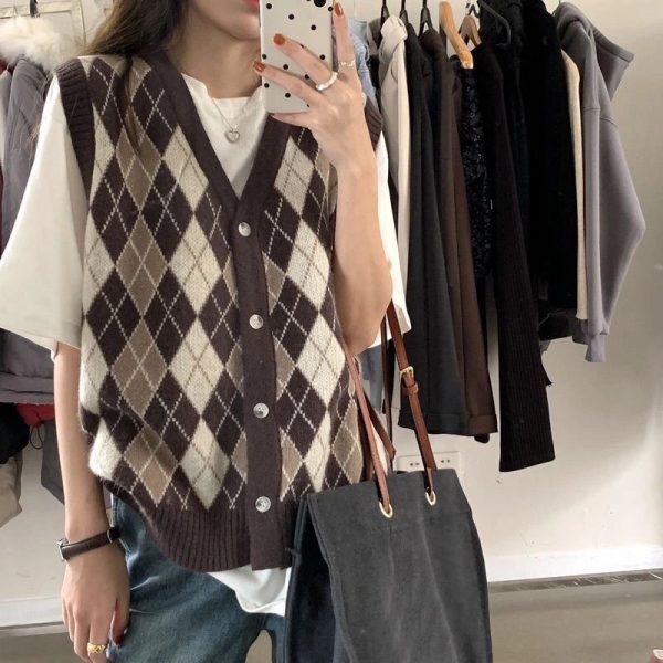 Argyle Sweater Vest Cardigan