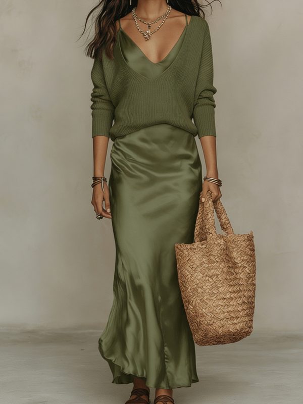 V-Neck Sweater & Satin Dress Set