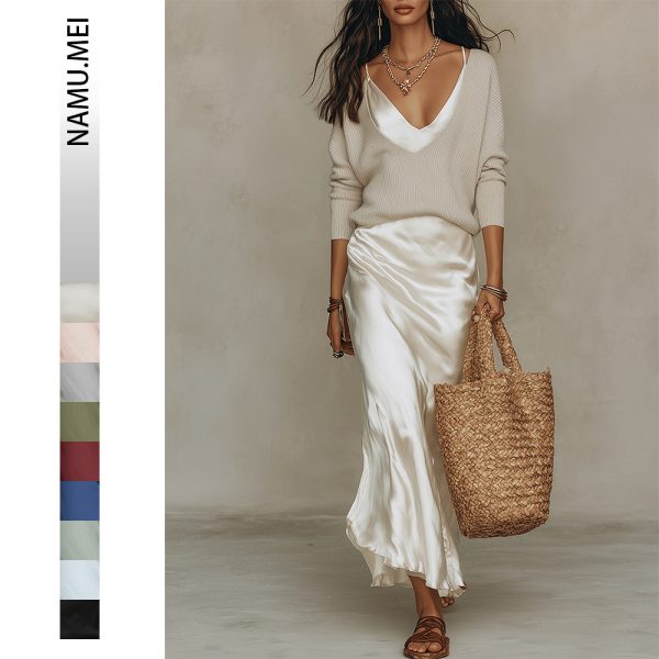 V-Neck Sweater & Satin Dress Set