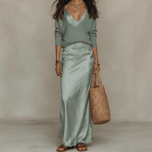 V-Neck Sweater & Satin Dress Set