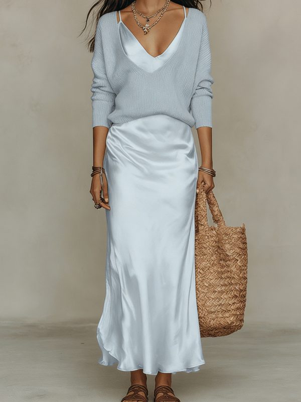 V-Neck Sweater & Satin Dress Set