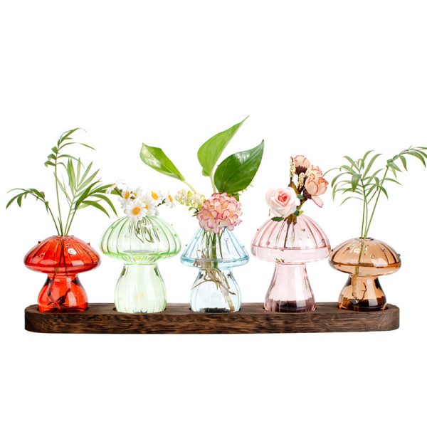 Mushroom Glass Bud Vases on Wooden Stand – Set of 3 or 5