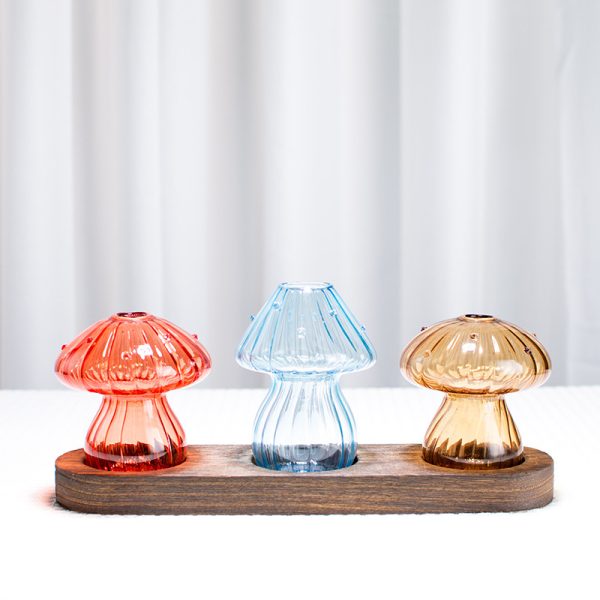Mushroom Glass Bud Vases on Wooden Stand – Set of 3 or 5