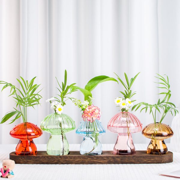 Mushroom Glass Bud Vases on Wooden Stand – Set of 3 or 5