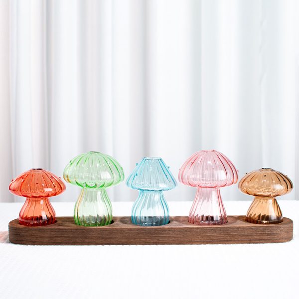 Mushroom Glass Bud Vases on Wooden Stand – Set of 3 or 5